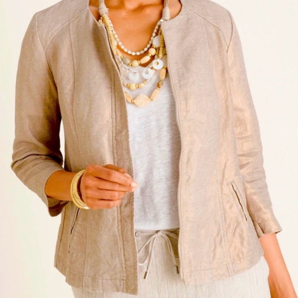 Chico's Linen 3/4 Sleeve Jacket Modern Gold Foil - Size 1